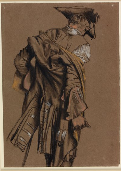 Konstnärsmodell, sett bakifrån, iklädd 1700-talsuniform av Adolph Menzel