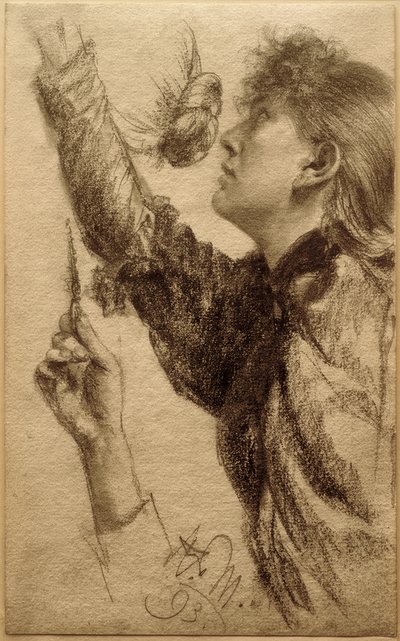 Studie av en ung kvinna med armen upphöjd av Adolph Menzel