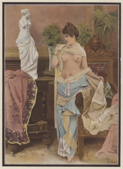 Kvinna som jämför sig med en staty av Venus de Milo (färg litho) av Adolphe Frederic Lejeune
