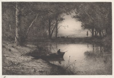 En fiskare i en trädbevuxen damm på kvällen av Adolphe Appian