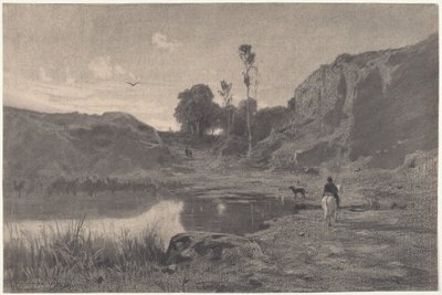 En ryttare vid en bergsdamm vid solnedgången av Adolphe Appian