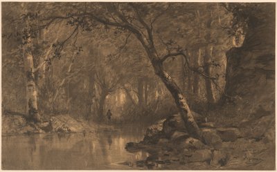 En skogsflod med en fiskare av Adolphe Appian