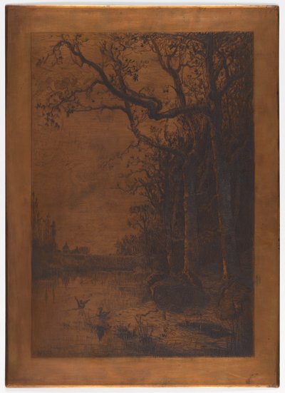 Etsad kopparplåt "Landskap med ankor" av Adolphe Appian av Adolphe Appian
