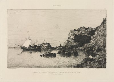 Fiskebåt gör en anlöpshamn vid Collioures klippor av Adolphe Appian