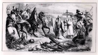 St. Loup försvarar staden Troyes mot Hunnen Attila (c.406-453) på sin häst, illustration från Frankrikes historia, 1800-talets andra hälft (bw foto) av Adolphe Francois Pannemaker