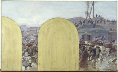 Skiss till prefektens kabinett för Hôtel de Ville de Paris: Återkomsten till Paris av invånarna i förorterna: Belägringen av Paris 1870, 1895 (olja på duk) av Adolphe Gustave Binet