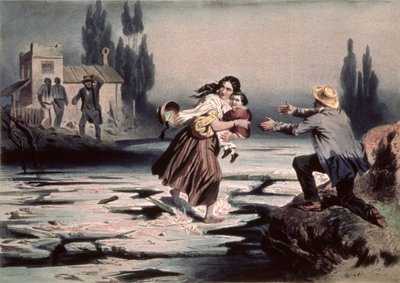 Eliza korsar Ohioflodens isflak till frihet, illustration från 