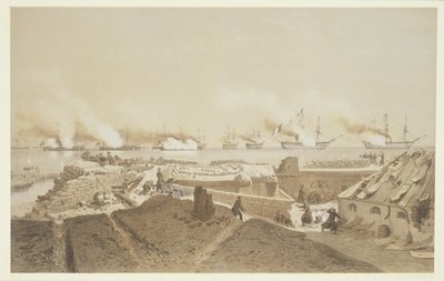 Bombardering av Kil-Bouroun vid mynningen av floden Dnepr av den franska flottan, från Nos Souvenirs de Kil-Bouroun hängsmycke LHiver passe dans Le Liman du Dnepr, 1855-56, graverad av Eugene Ciceri (1 av Adolphe Jean Baptiste Bayot and Antoine Leon Morel-Fatio
