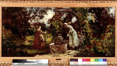 En elegante och hennes piga vid brunnen Målning av Adolphe Monticelli (1824-1886) Dim. 34,5x69,5 cm Obligatoriskt omnämnande: Samlingsstiftelsen hälsningar från Provence, Marseille av Adolphe Joseph Thomas Monticelli
