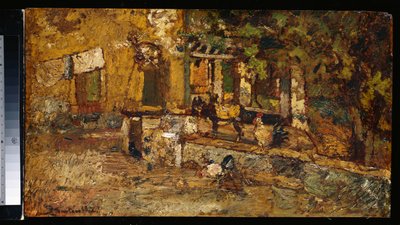 Gård med en åsna och tuppar av Adolphe Joseph Thomas Monticelli