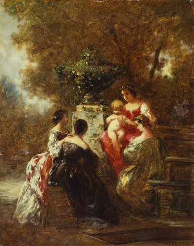 Figurer i en park (olja på duk) av Adolphe Joseph Thomas Monticelli