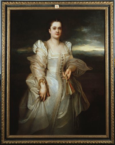 Porträtt av en dam som bär en vit klänning broderad med pärlor av Adolphe Joseph Thomas Monticelli