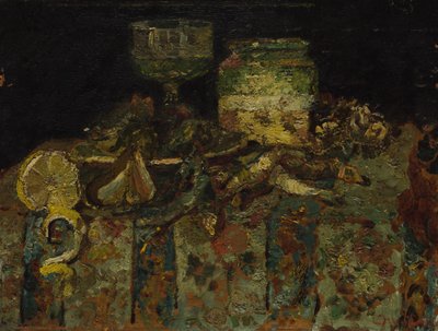 Stilleben: ostron, fisk, ca. 1880 av Adolphe Joseph Thomas Monticelli