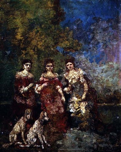 Tre kvinnor (olja på duk) av Adolphe Joseph Thomas Monticelli