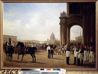 Militärparad på Palace Square i Sankt Petersburg (Parad på Palace Square i Sankt Petersburg). Målning av Adolphe Ladurner (1798-1856), olja på duk av Adolphe Ladurner