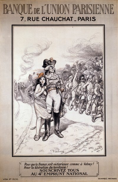 Bank of the Parisian Union: "" Att göra Frankrike segrande som i Valmy! För befrielsen av territoriet! Prenumerera alla på det 4:e nationella lånet””. Illustration av Adolphe Willette (1857-1926) av Adolphe Leon Willette