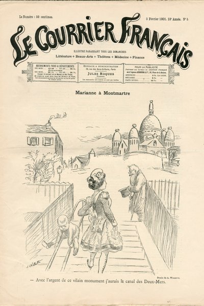 Omslag till "" Le Courrier francais", nummer 5, satirisk i svartvitt av Adolphe Leon Willette