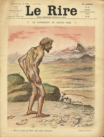 Illustration av Adolphe dit Willette (1857-1926) för omslaget till Le Lire, 03/04/09 - Le next day du grand soir - Social, Prehistoire, Collectivism - Nudite av Adolphe Leon Willette