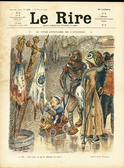 Illustration av Adolphe dit Willette (1857-1926) för omslaget till Le Rire, 26/02/10 - Vid flygets femtioårsjubileum - Flyg, mode, hatt, olyckor Katastrofer av Adolphe Leon Willette