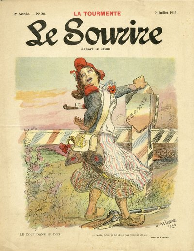 Illustration av Adolphe dit Willette (1857-1926) för omslaget till Le Smile, nr 28, 09/07/14 - Slaget i ryggen - Nationalism, Franska revolutionen, kriget 14-18 första mössen, Gränser - Marianne av Adolphe Leon Willette