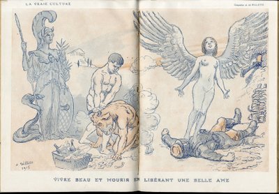 Illustration av Adolphe dit Willette (1857-1926) i "" Fantasio""", 01/05/15 - Att leva vackert och dö genom att släppa en vacker själ - War of 14 -18, Dead corpses, Barbary/Kultur, Jam of Skull - Soldater av Adolphe Leon Willette