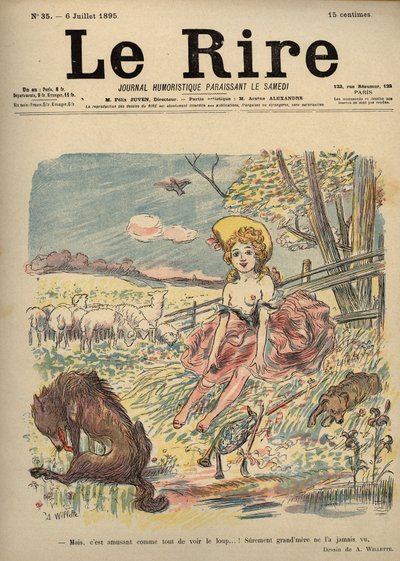 Rödluvan - herdinna topless, rödluvan - Men, det är kul som alla att se vargen...! Förmodligen såg mormor honom aldrig. Teckning av A. Willette till Skrattet Numero 35, 6 juli av Adolphe Leon Willette