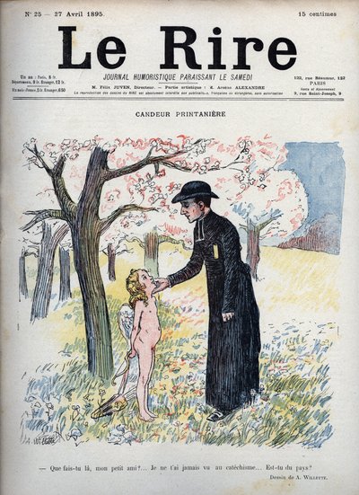 Spring Candeur - I en skog av blommor, en präst som smeker ansiktet på ett nakent barn, gömmer sig bakom hans rygg en pil och båge och ett par vingar. Utan att veta att han är Amor, frågar han om han är ny, eftersom ingen någonsin har sett honom på katekes av Adolphe Leon Willette