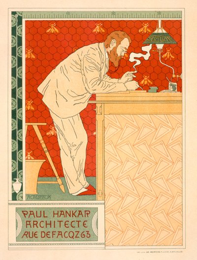 Reproduktion av en affisch som annonserar Paul Hankars arkitektoniska praktik, 1894 av Adolphe Louis Charles Crespin