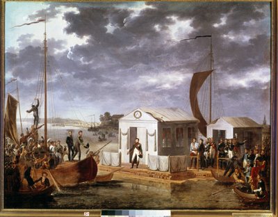 Intervju av Tilsit (Tilsitt) mellan Napoleon I och tsar Alexander I av Ryssland vid floden Niemen den 25 juni av Adolphe Roehn