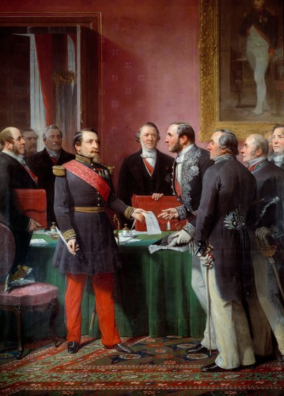 Kejsar Napoleon III (1808-1873) överlämnade till baron Georges Haussmann (1809-1891) dekretet om annektering av grannkommunerna i juni 1859 av Adolphe Yvon