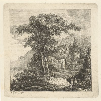 Bergigt landskap med träd, slott och två figurer av Adriaan Jacob Willem van Dielen