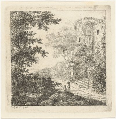 Landskap med figurer vid ruinerna av ett slott av Adriaan Jacob Willem van Dielen