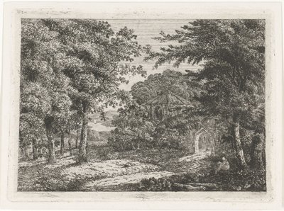 Landskap med kapell bland träd och munkläsning av Adriaan Jacob Willem van Dielen
