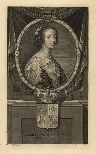 Henrietta Maria av Frankrike, hustru till kung Karl I av England. Henriette Marie de France. I klänning med spetskrage, pärlhalsband. Med krona och vapen. Kopparstick av Charles Simonneau efter Adriaen van der Werff från Isaac de Larreys H av Adriaan van der (after) Werff