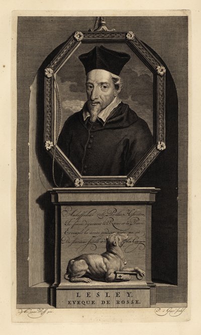 John Lesley, skotsk historiker och biskop av Ross. Biskop av Rosse. Hund med nyckel. Kopparstick av Pieter Stevens van Gunst efter Adriaen van der Werff från Isaac de Larreys Histoire d