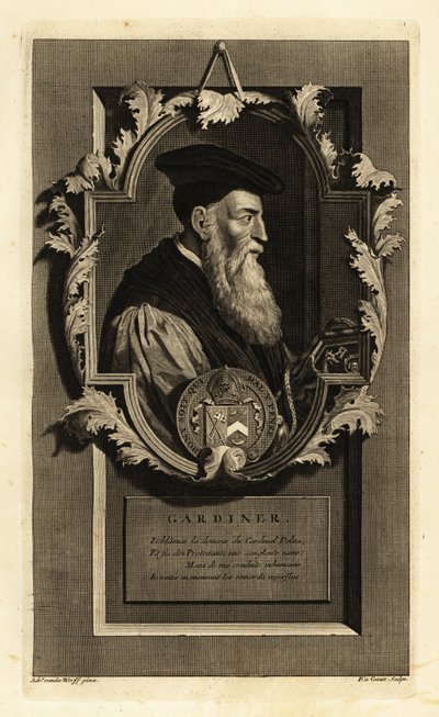 Porträtt av Stephen Gardiner, biskop av Winchester och politiker. Med vapen. Kopparstick av Pieter Stevens van Gunst efter Adriaen van der Werff från Isaac de Larreys Histoire d