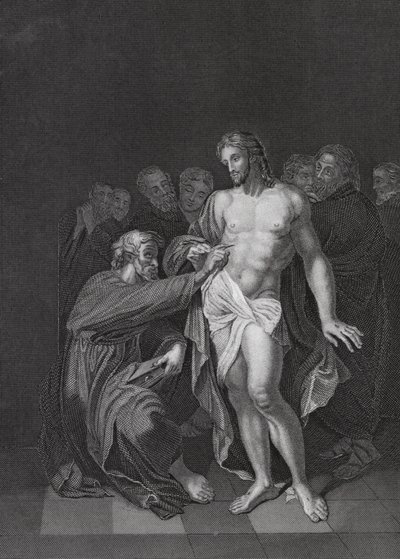 The Incrediulity of St Thomas, John, Ch 20, vs 26-29 (gravyr) av Adriaan van der (after) Werff