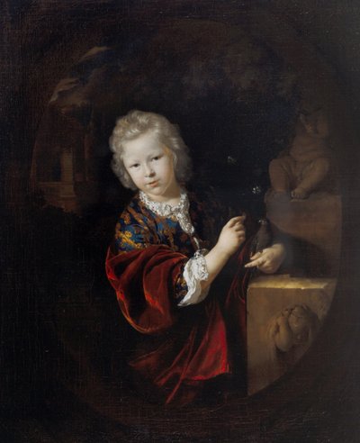 Porträtt av en ung pojke som håller en parakit bredvid en staty av Hercules av Adriaan van der Werff