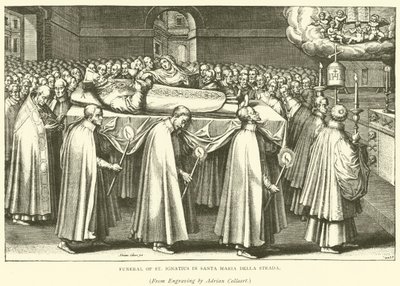 St Ignatius begravning i Santa Maria Della Strada (gravyr) av Adriaen (after) Collaert