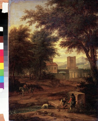 Italienskt landskap med pilgrimer Målning av Adriaen Frans Boudewijns (1644-1711) Pushkin Museum, Moskva av Adriaen Boudewyns