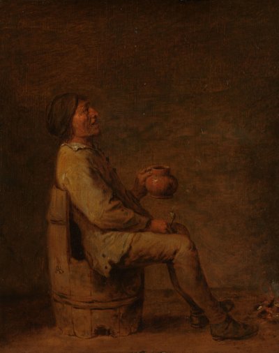 Man sitter och håller ett rör och en kanna i en interiör av Adriaen Brouwer (possibly copy after)