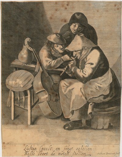 Flöjtspelerska och två bönder av Adriaen Brouwer