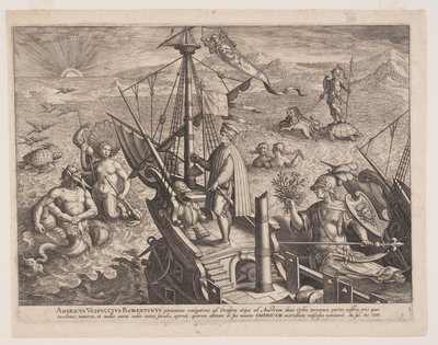 Amerigo Vespucci på sitt skepp, från Americae Retectio (Upptäckten av Amerika) av Adriaen Collaert