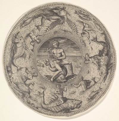 Arion på en delfin omgiven av en gräns dekorerad med havsdjur, från en uppsättning av..., 1580-1600. av Adriaen Collaert