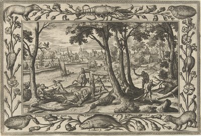björnjakt Landskap med bibliska, mytologiska scener och jaktscener (serietitel) av Adriaen Collaert