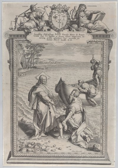 Kristus kallar Saint Andrew, som knäböjer framför honom på en strand, och Saint Peter, som klättrar..., 1590. av Adriaen Collaert