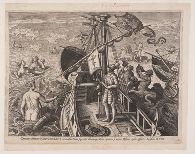 Christofer Columbus på sitt skepp, från Americae Retectio (Upptäckten av Amerika) av Adriaen Collaert