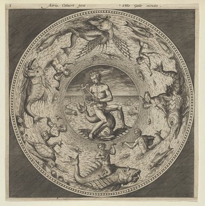 Design för en tallrik med Arion som rider på en delfin i en medaljong kantad av havsmonster..., c1600. av Adriaen Collaert