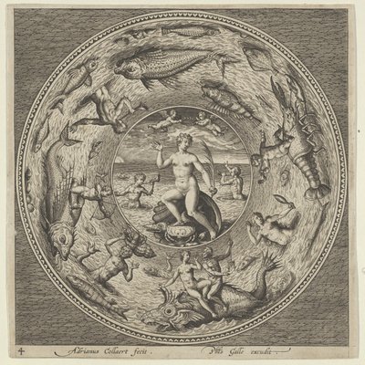 Design för en tallrik med Galatea på ett skal flankerat av trumpetare i en medaljongkant..., c1600. av Adriaen Collaert