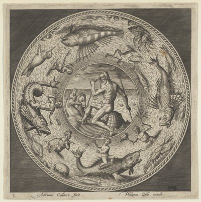 Design för en tallrik med Neptunus i ett skal tecknat av hästar i en medaljong kantad av ..., c1600. av Adriaen Collaert